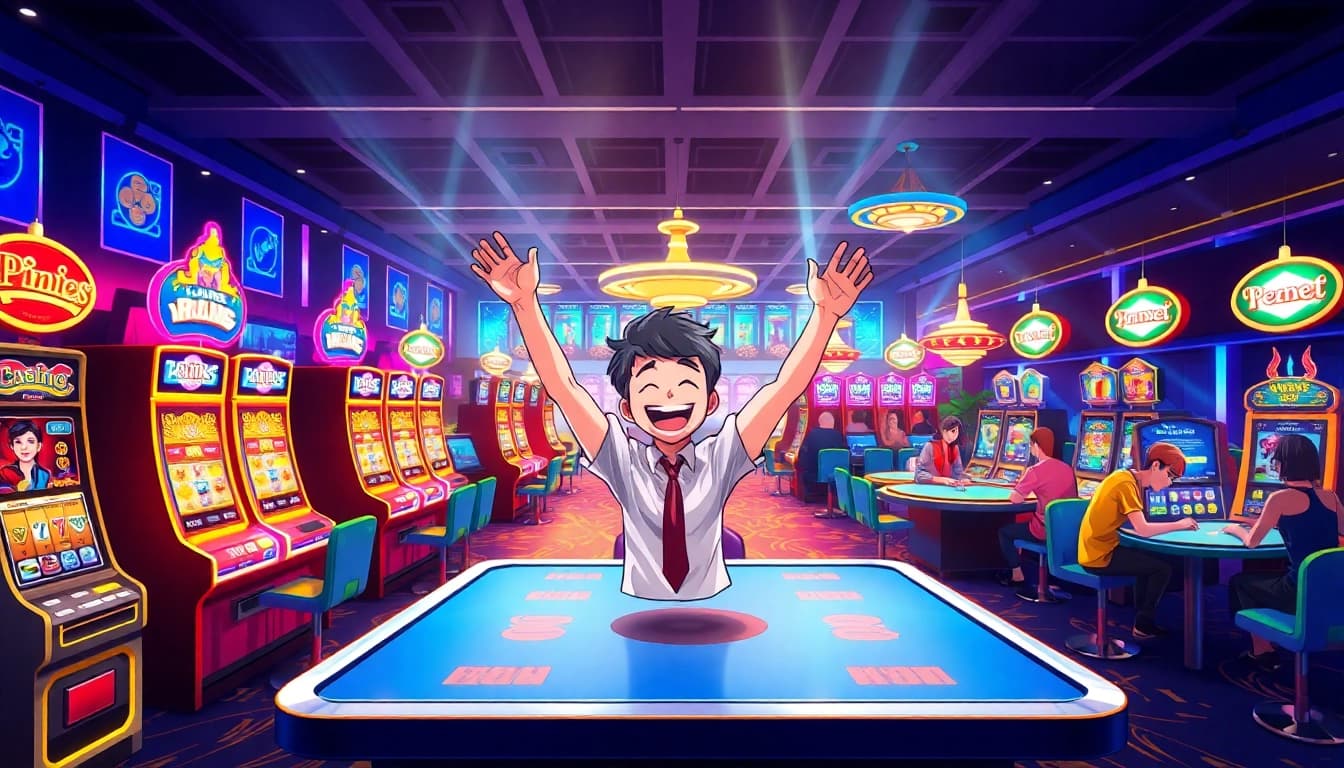 Experience the excitement of AT99娛樂城 with colorful slot machines and players celebrating.