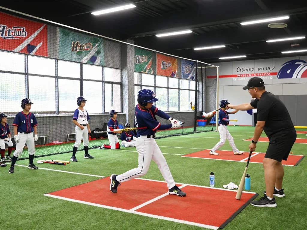 Hitclub training scene with young athlete practicing baseball hitting technique in a modern facility.