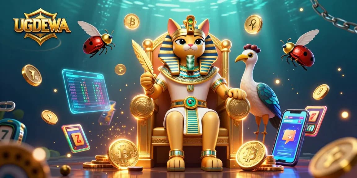 Engage with UGDEWA's dynamic slots scene featuring Egyptian pharaoh cat and crypto elements.