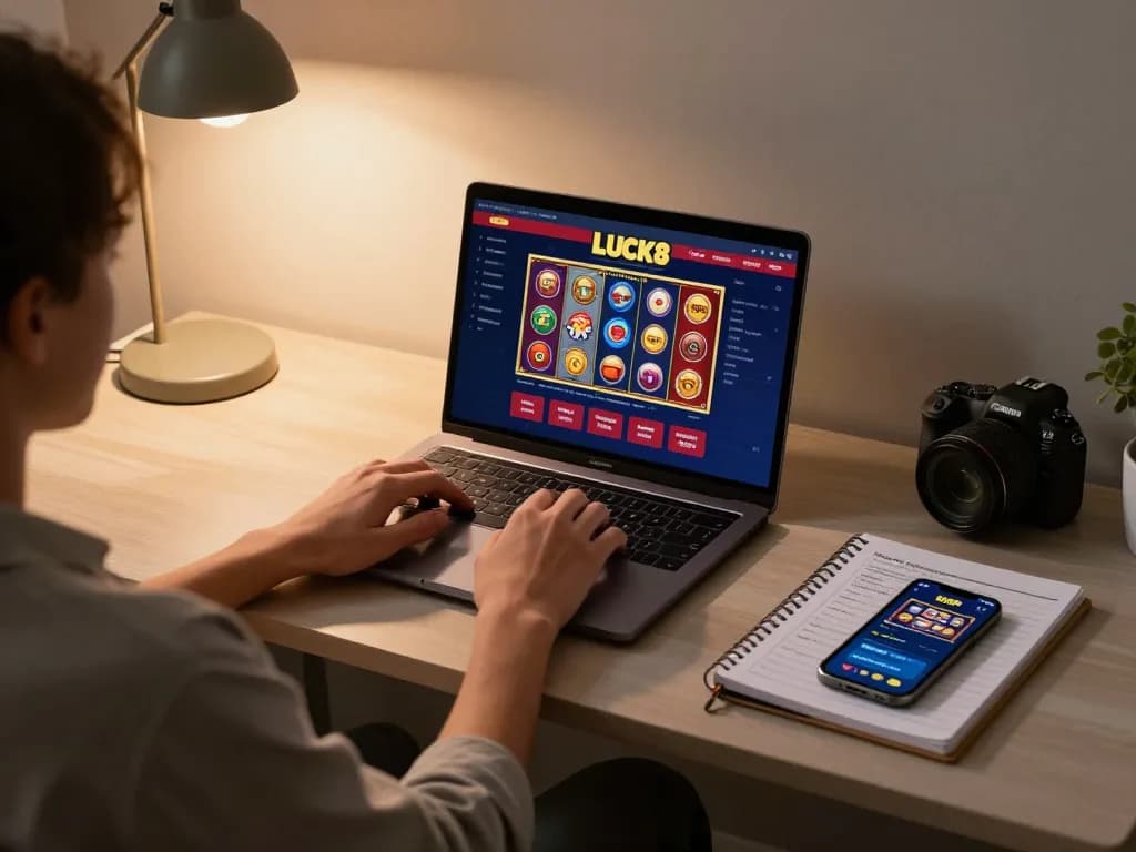 Player engaging with LUCK8 online casino on laptop at home, showcasing strategic gameplay and comfort.