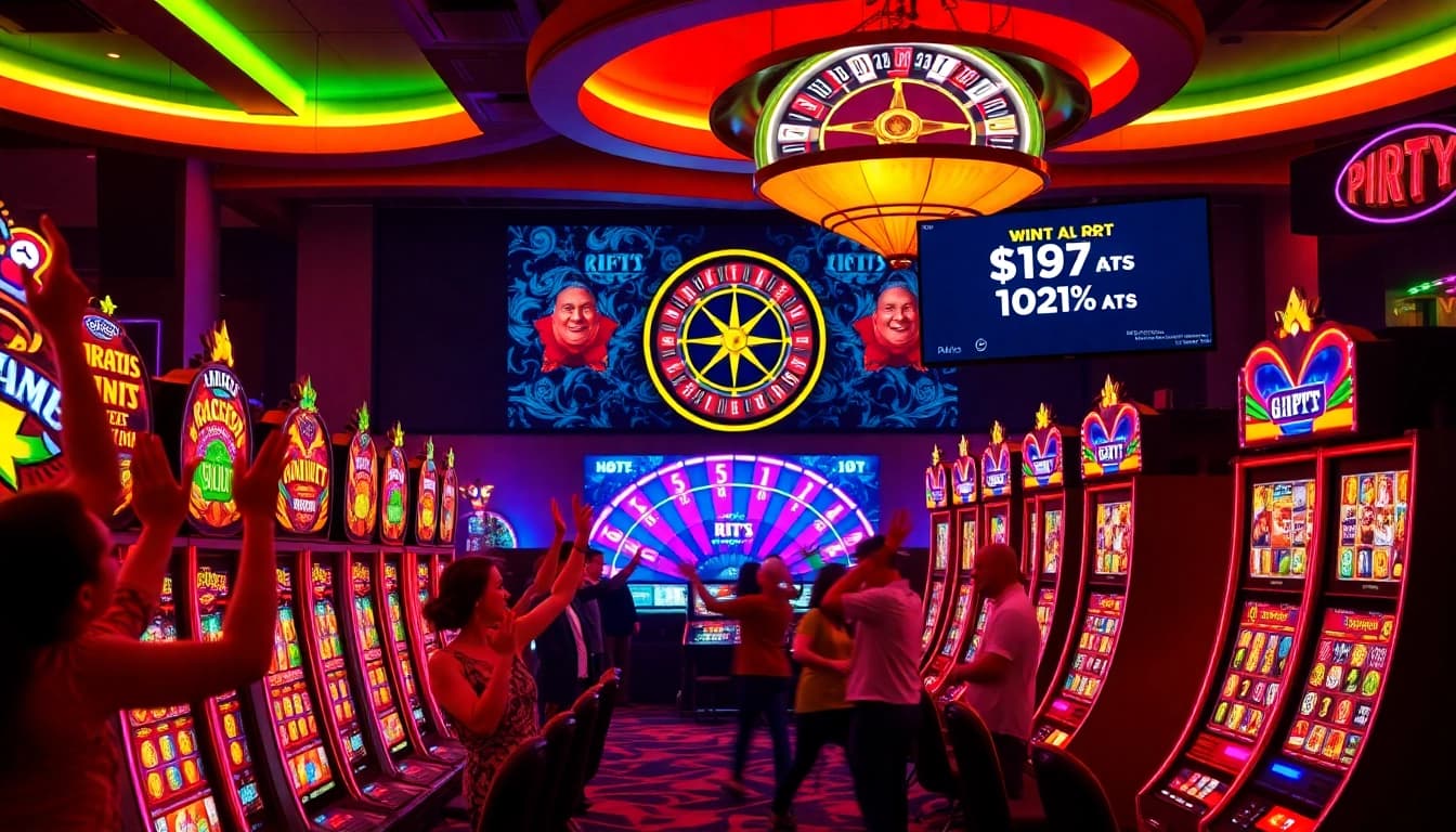 Players enjoying a thrilling game at slot gacor machines under vibrant casino lights.
