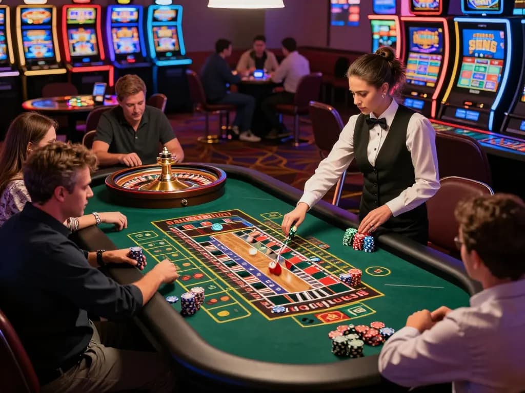 Engaging roulette gameplay at bem88 casino with players placing bets on colorful chips.