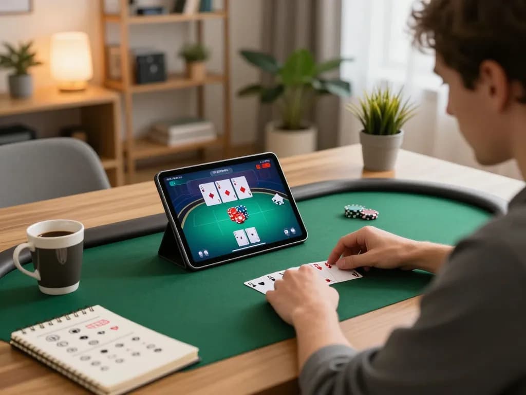 Player strategizing in poker game at home, showcasing VK88 tablet interface with poker cards