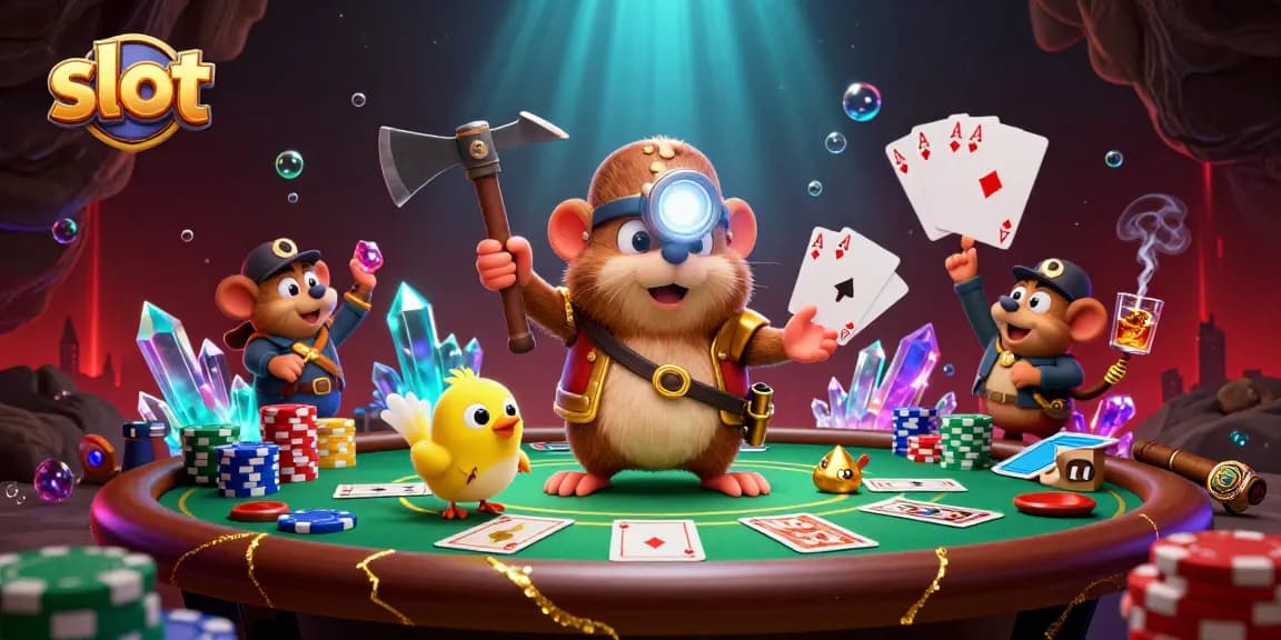 Menangkan slot di kasino dengan gambar karakter mole dan canary di dekat meja poker.