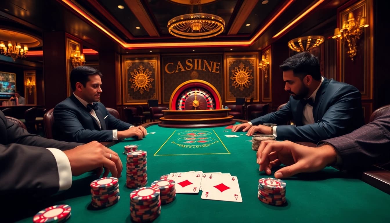 This table scene showcases a poker game at https://tg88.fyi/, featuring professional players and colorful chips.