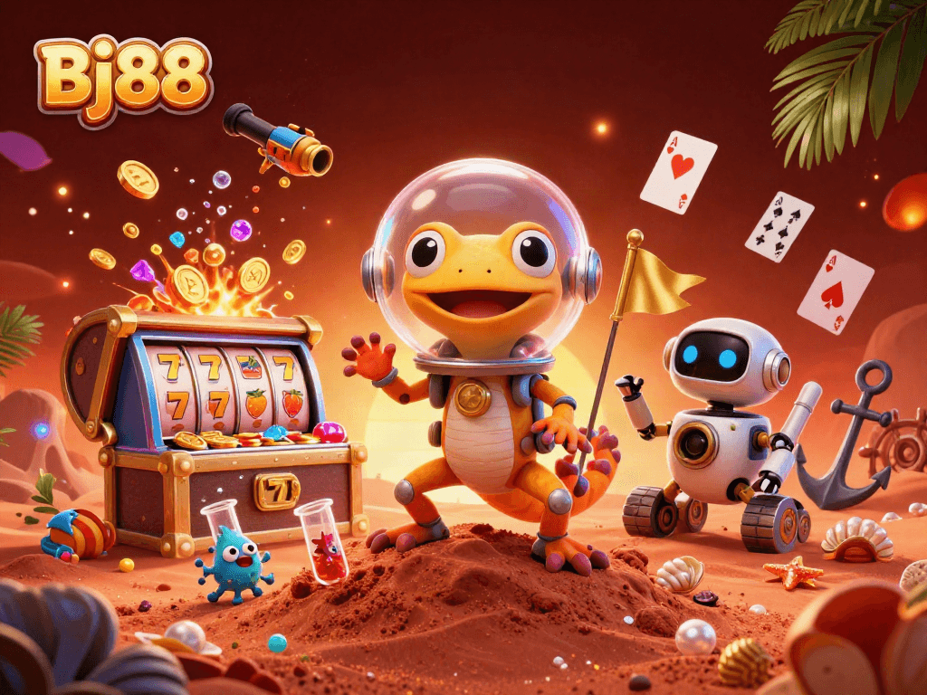 Bj88 showcases a Martian gecko discovering a golden casino amidst underwater treasures and slot games.