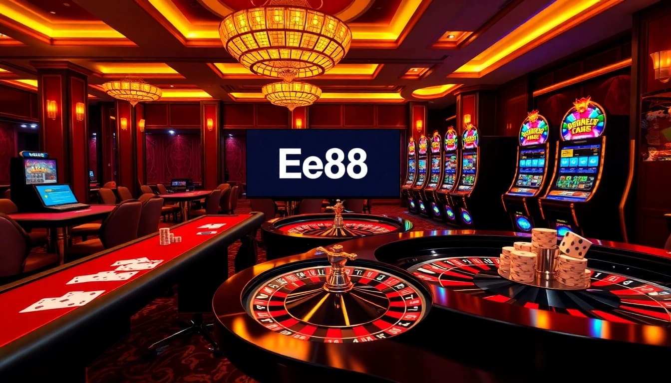 Engage in thrilling online gaming at Ee88 with vibrant casino tables and slot machines.