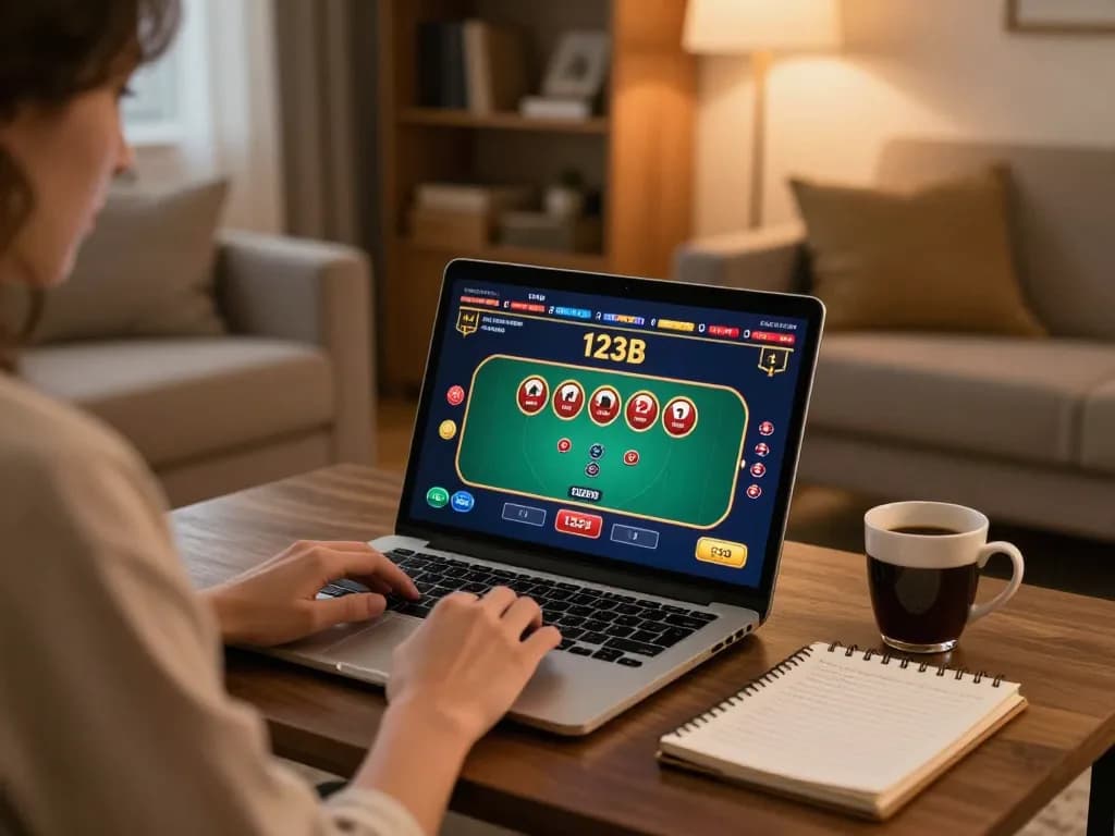 A player engaging in a thrilling 123B game on a laptop in a cozy living room.