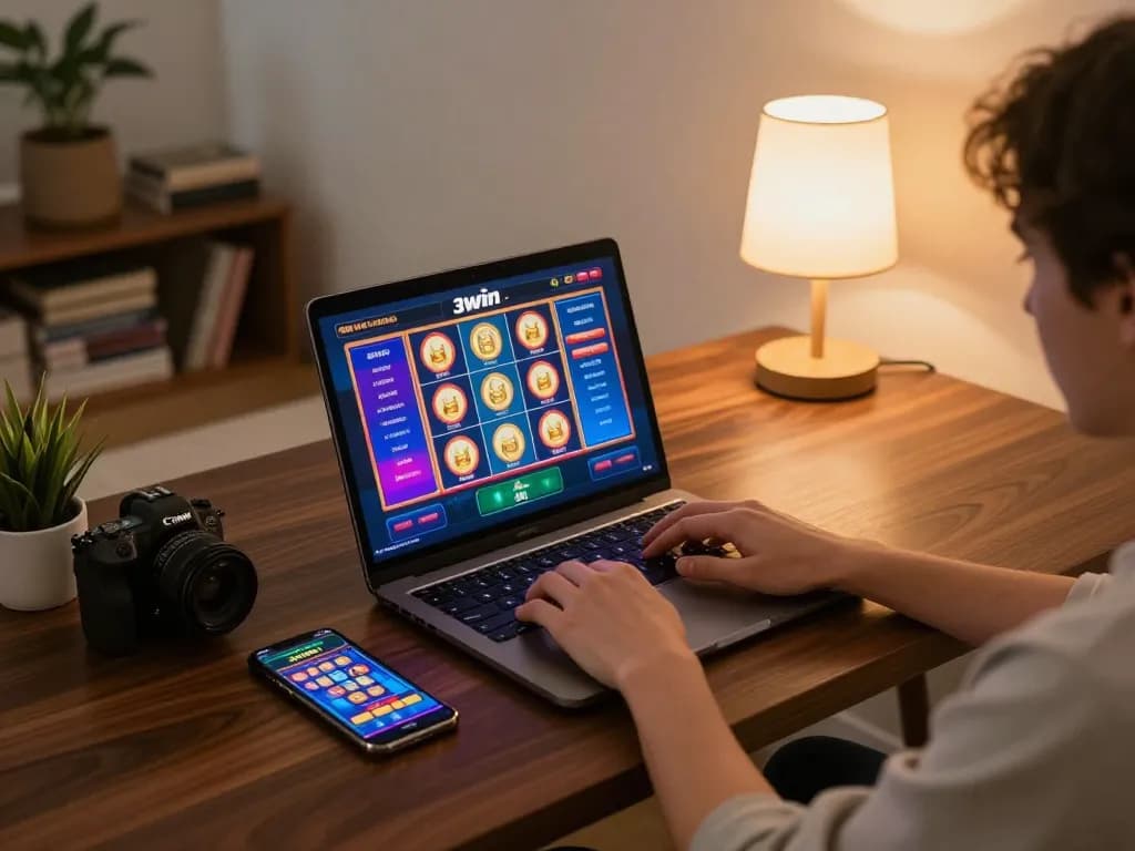 Player enjoying vibrant slot games on the 3win platform from a cozy home setup with laptop and smartphone.