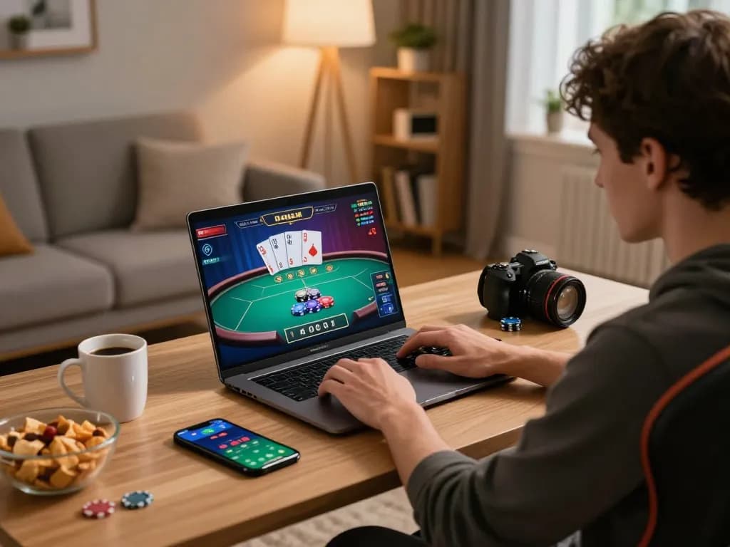 Player engaging in online poker game at home using five88 platform, showcasing competitive atmosphere and strategic focus.