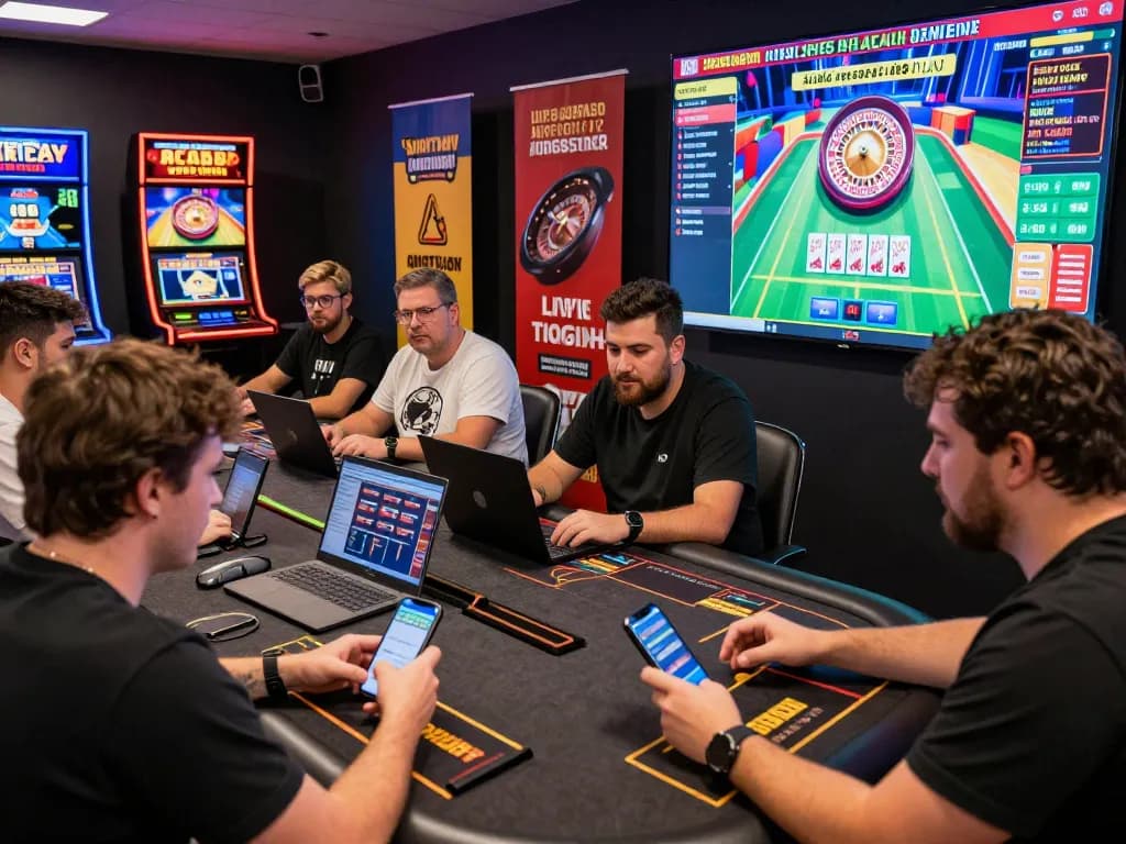 Exciting hm88 bet online gaming scene with players using smartphones and laptops.