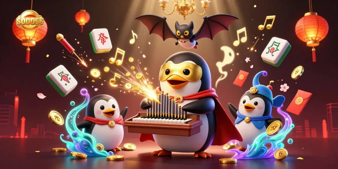 SODO66 offers thrilling casino gameplay featuring a penguin playing for golden coins amidst colorful elements.