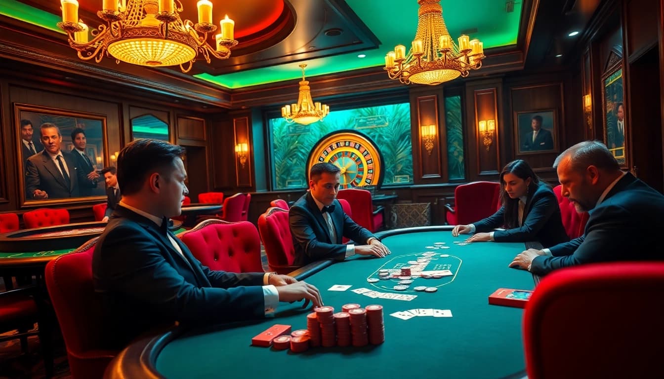 Players strategizing in an upscale poker room, emphasizing quality gaming at https://tg88u.com/.