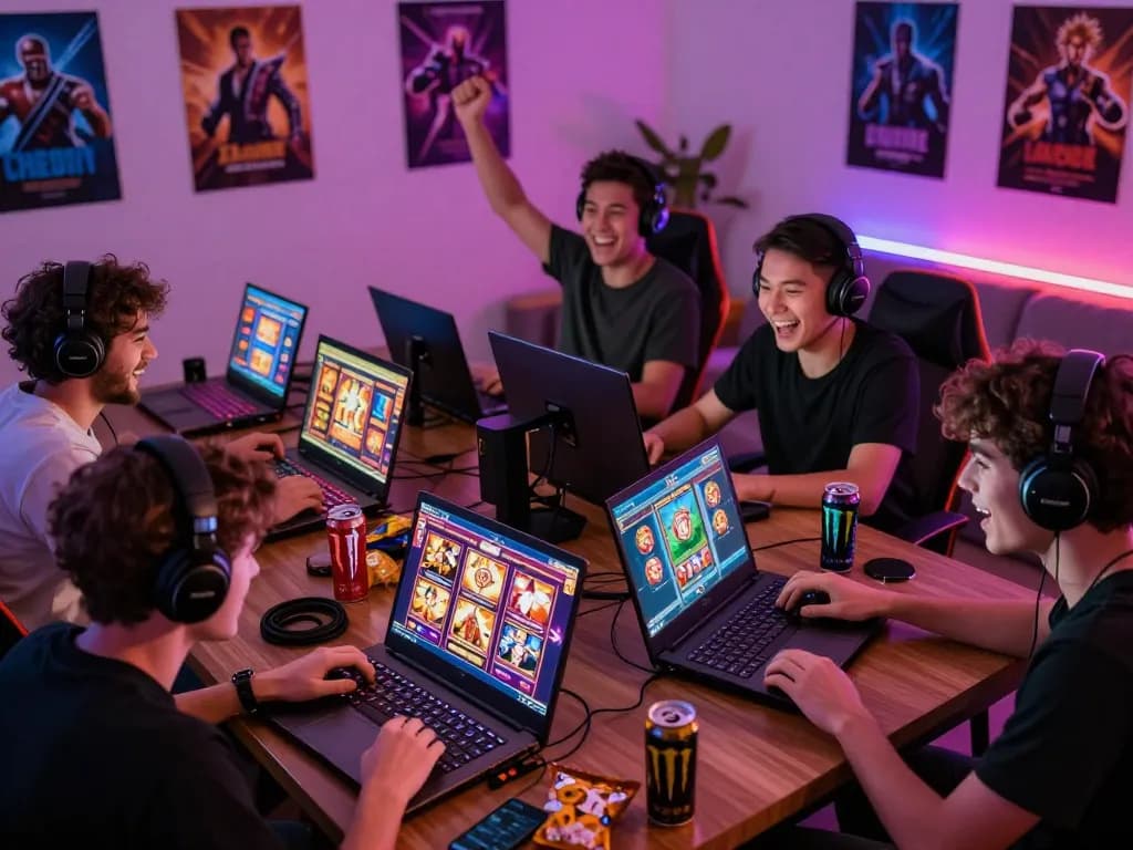 Exciting online gaming session on Dash88 with players enjoying slot games and vibrant graphics in a cozy room.