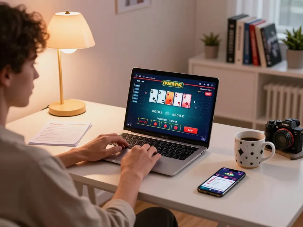 Engaging in a live dealer game on Tr88 trang chủ with a strategic approach in a cozy home setup.