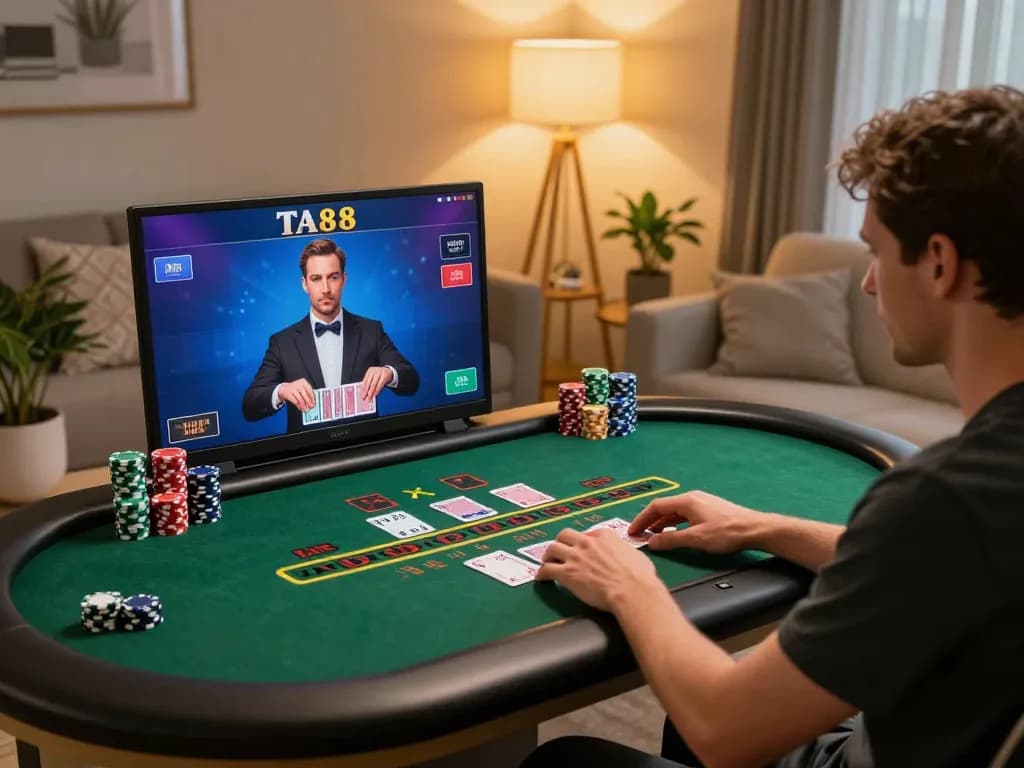 Engaging moment of a player enjoying TA88's live dealer blackjack on a laptop, emphasizing interactive gambling.