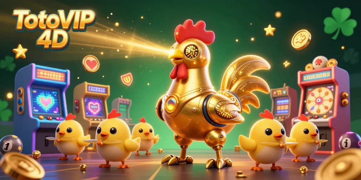 TotoVIP 4D showcases a vibrant 3D illustration of a golden rooster robot engaged in dynamic lottery action with colorful game elements.