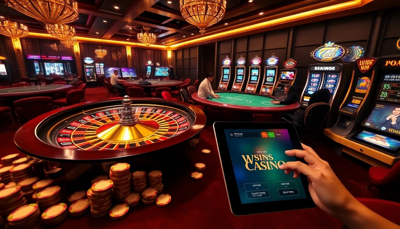 Situs11 Gaming session with vibrant slot machines and a spinning roulette wheel in an upscale casino.