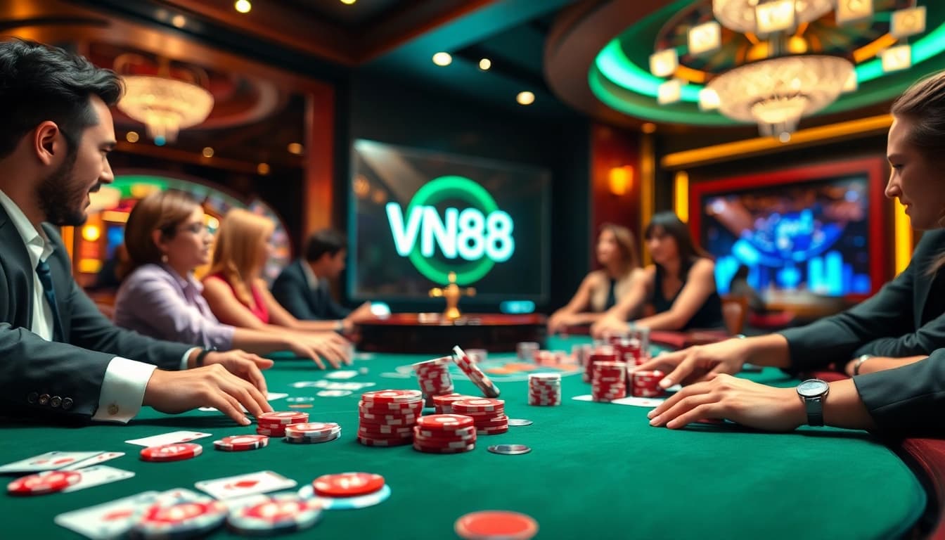 Players enjoying an exciting poker game at VN88 casino, showcasing chips and cards in a luxurious setting.