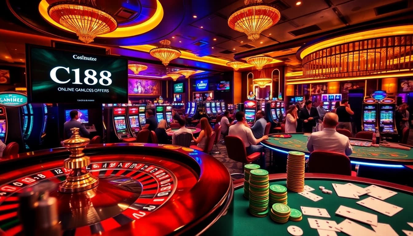 Players enjoying thrilling games at C168 online casino, featuring vibrant tables and high-stakes atmosphere.