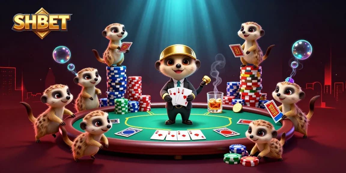 Engage in the thrilling casino world of SHBET with lively meerkats managing games and chips.