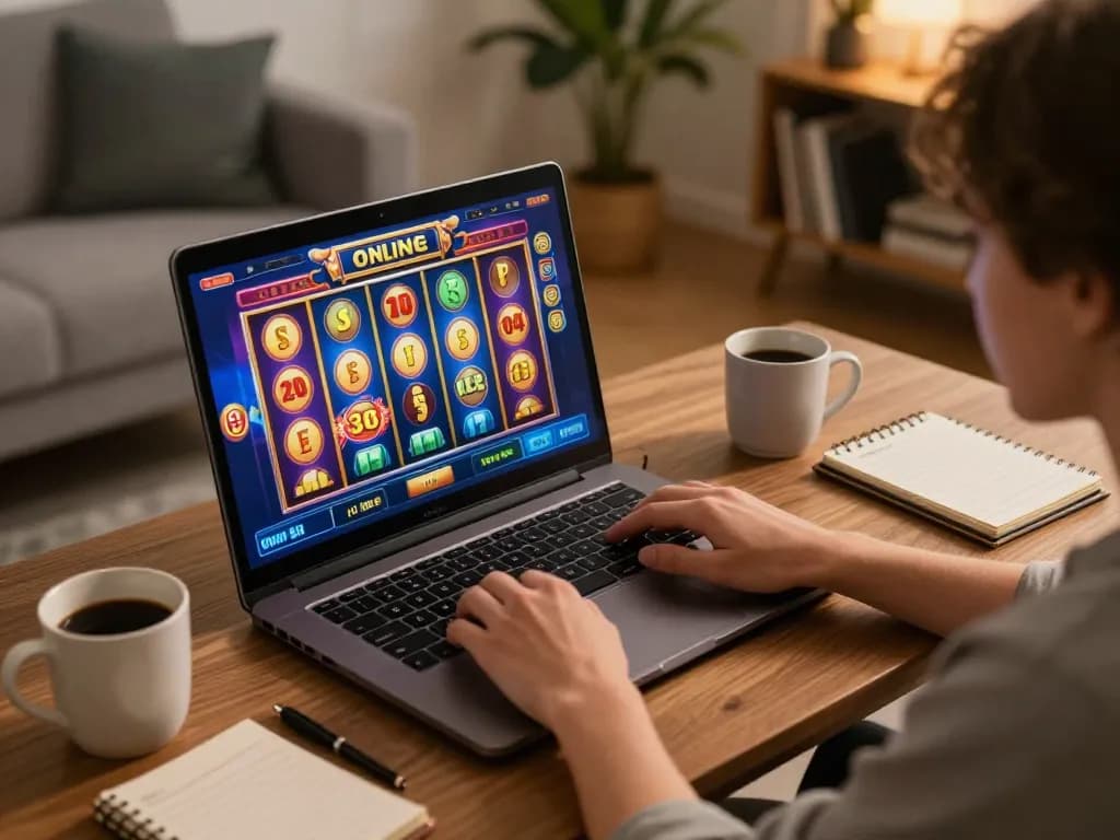 Active online gaming session at home on https://betbdt.art with a player engaged on a laptop, showcasing vibrant slot machine graphics.