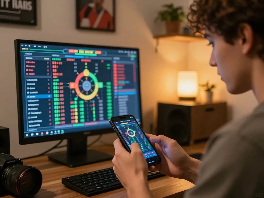 F168 user strategizing sports bets on smartphone amidst vibrant betting charts at home