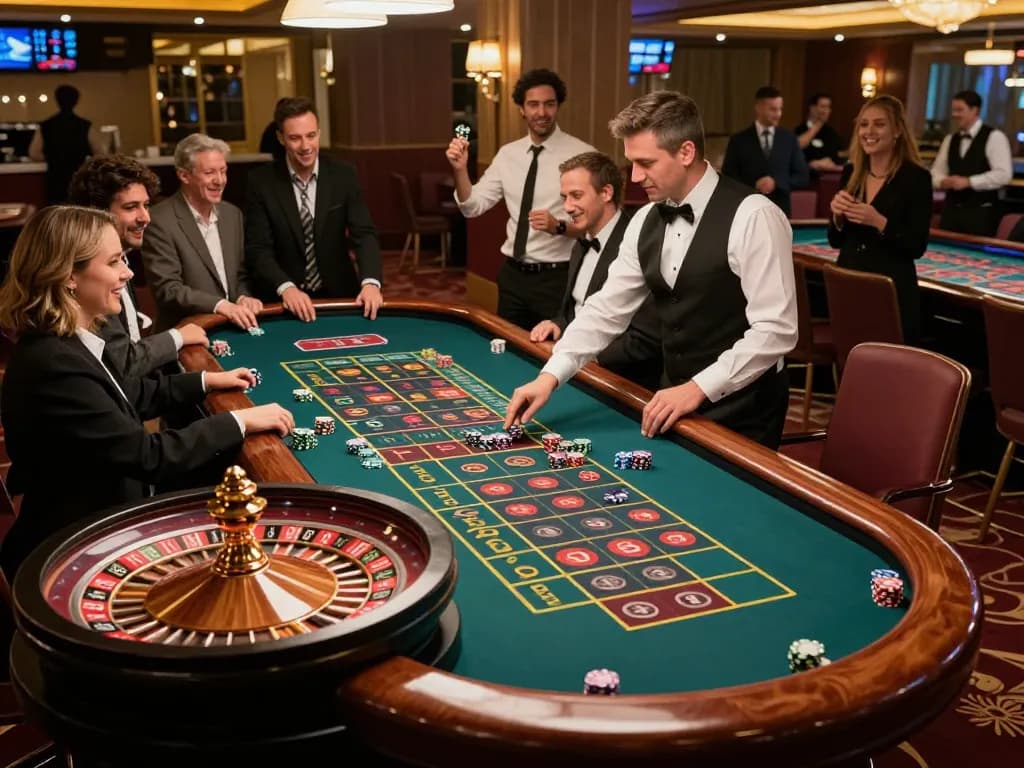 cm88 roulette table scene with excited players placing bets in a vibrant casino atmosphere