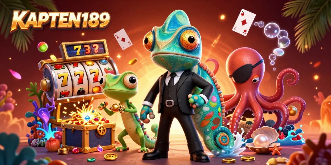 KAPTEN189 menampilkan agen chameleon bertema kasino dikelilingi simbol slot dan harta karun.