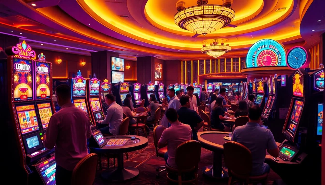 Gamblers enjoying exciting game features at a Situs Slot with vibrant machines and tables.
