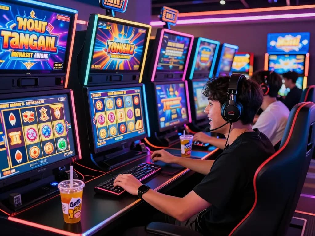 Exciting moment in online gaming at situs slot gacor, featuring a player engaged with colorful slot reels and high-tech gaming setup.