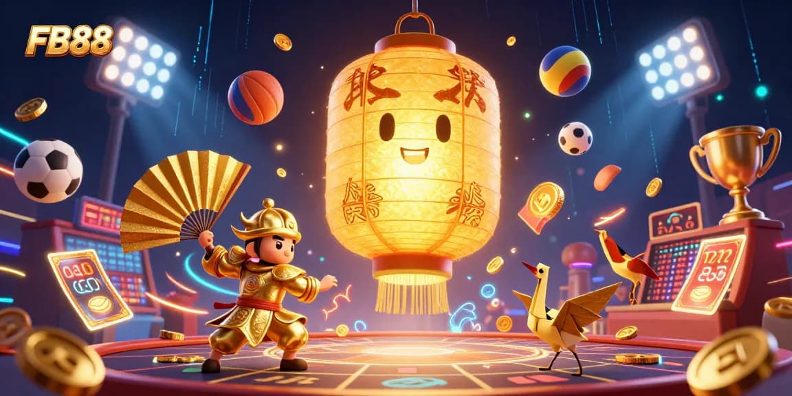 FB88 captures the excitement of gambling with dynamic sports elements, glowing lanterns, and winning symbols.