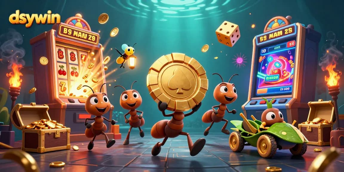 Enjoy thrilling action in dsywin's casino with ants carrying a golden chip amidst colorful gaming symbols.