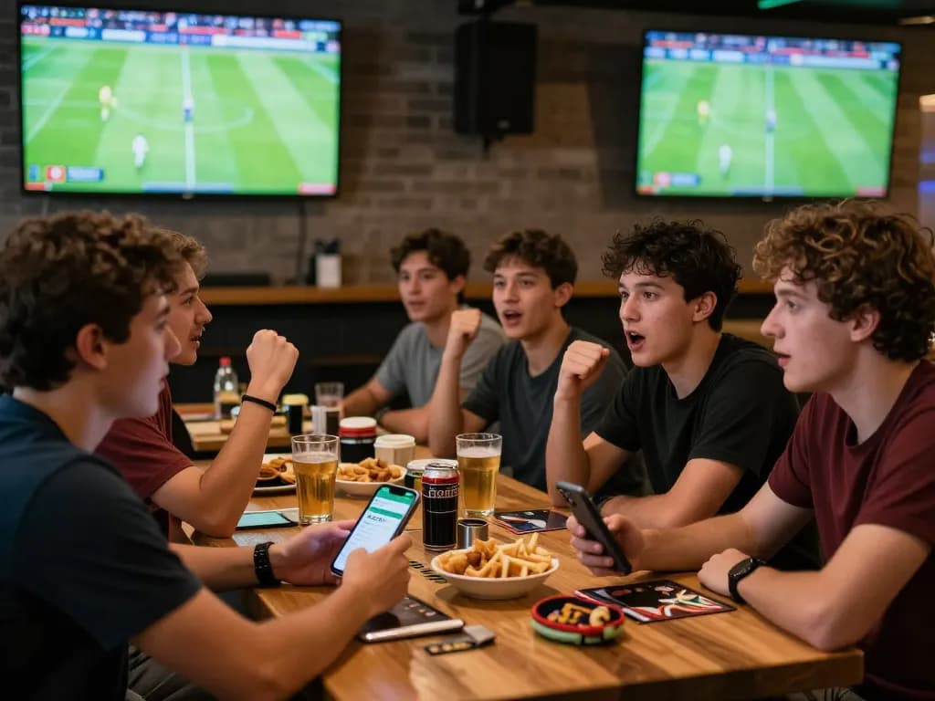 Friends engaging with sbobet betting app while enjoying a live sports match in a vibrant sports bar atmosphere.