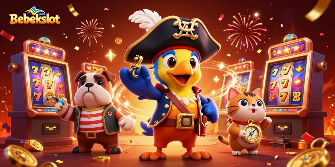 Bebekslot showcases an engaging scene with a pirate captain, bulldog, and cat, celebrating a jackpot win.