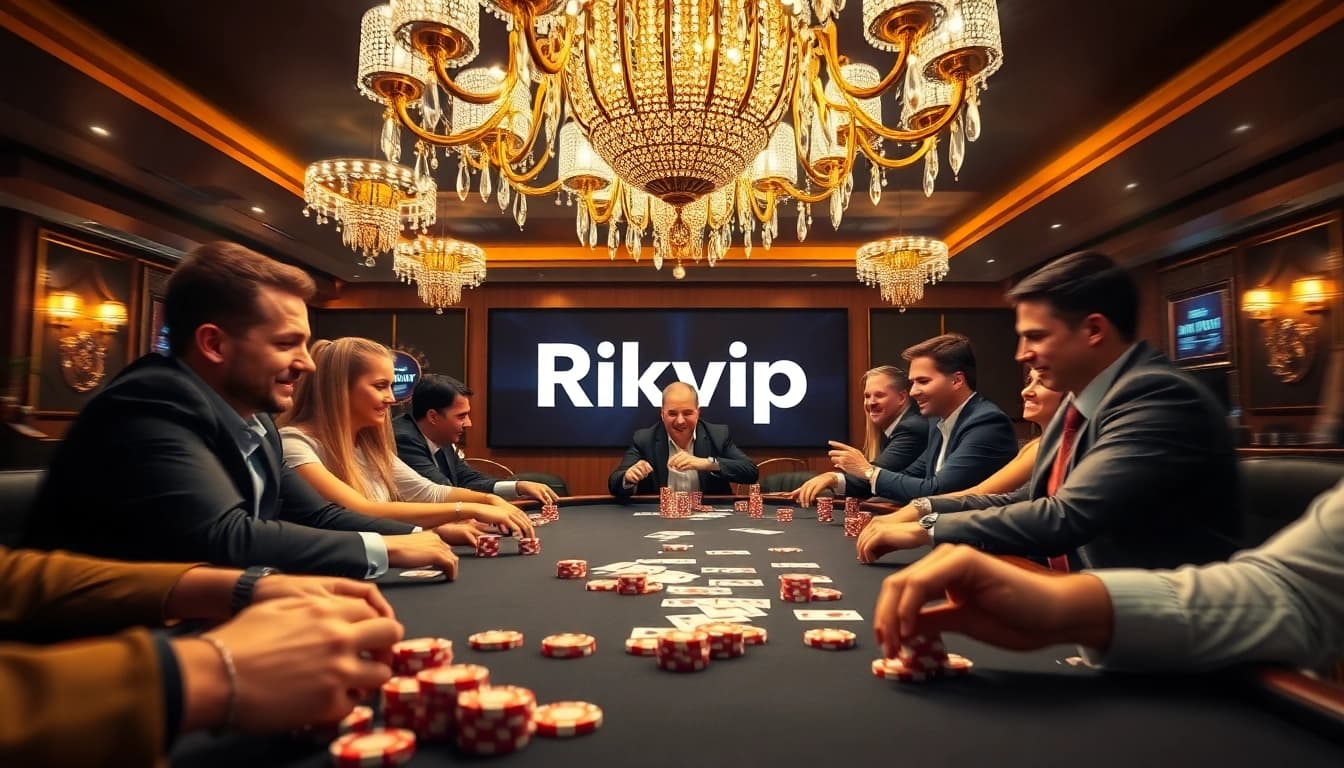 Rikvip players strategically betting at a luxurious poker table in an exciting casino.