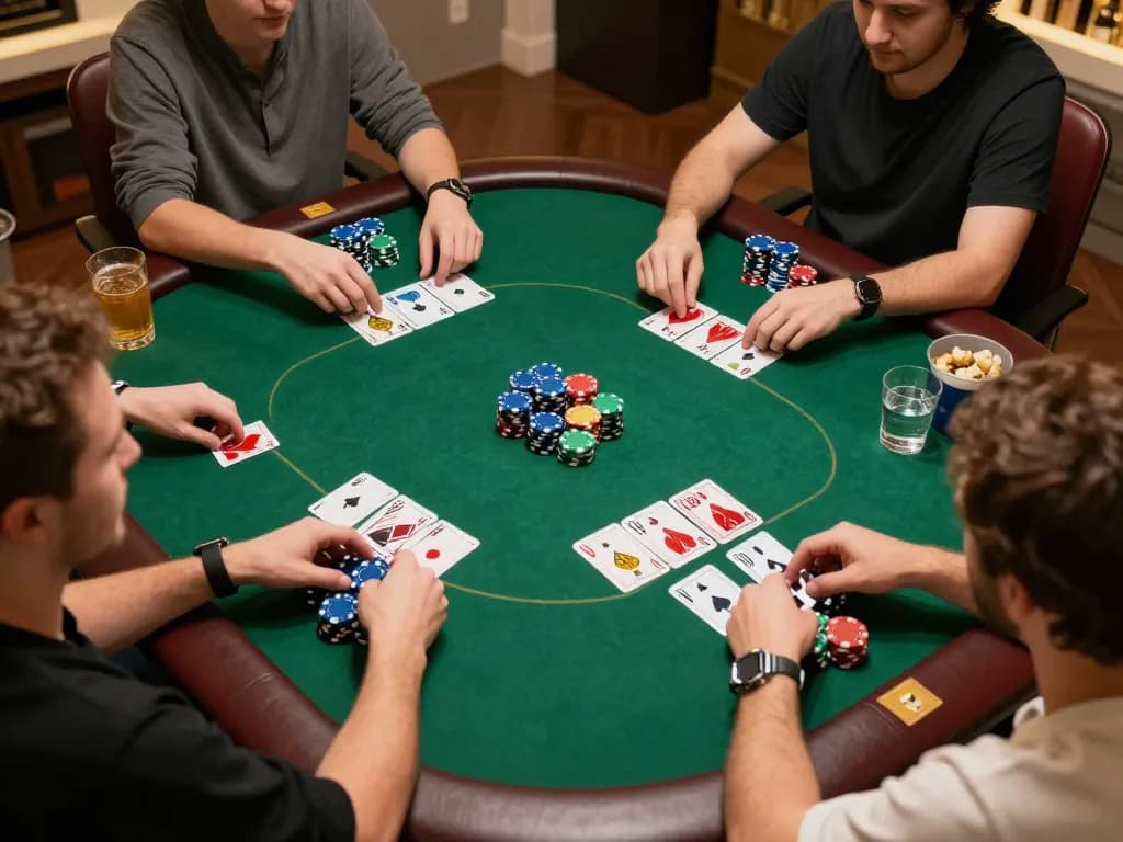 Players engaging in an exciting online poker game with vibrant chips and community cards, showcasing strategy and fun.