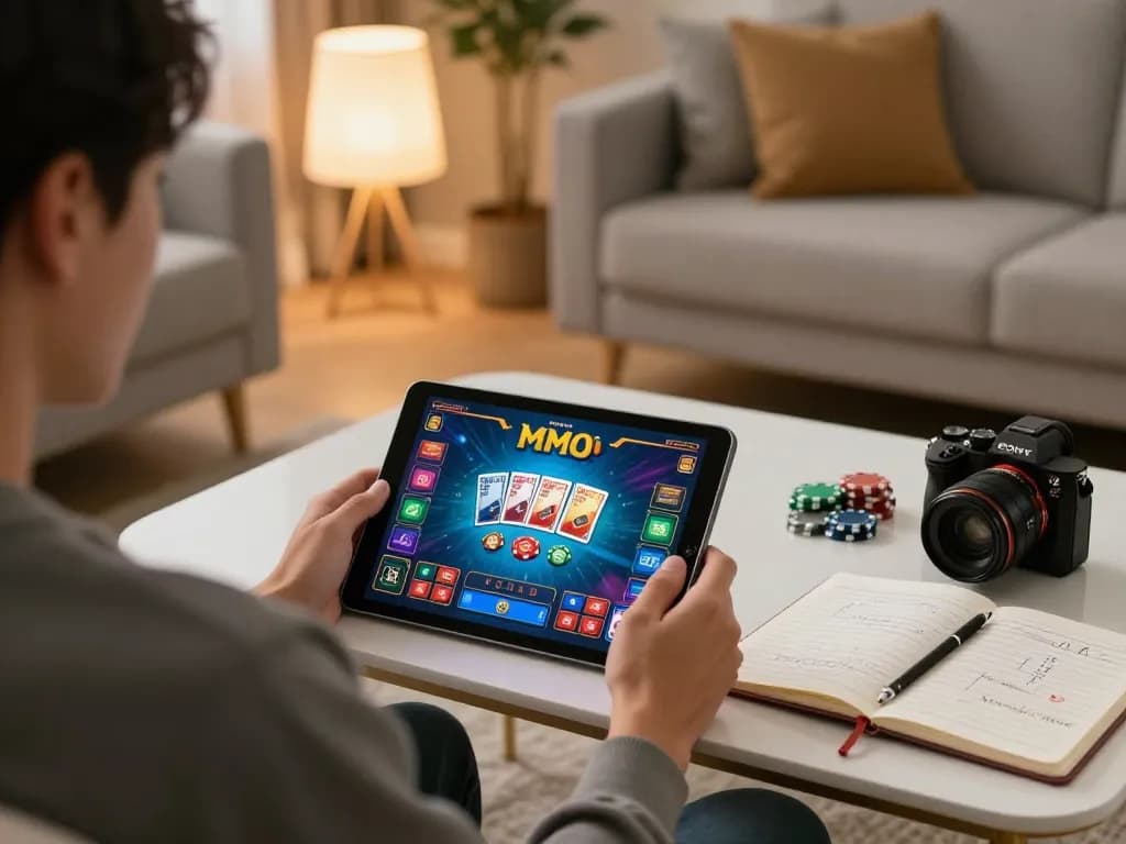 Engaged player enjoying MMOO online casino gaming on a tablet in a cozy living space, illustrating responsible gaming.
