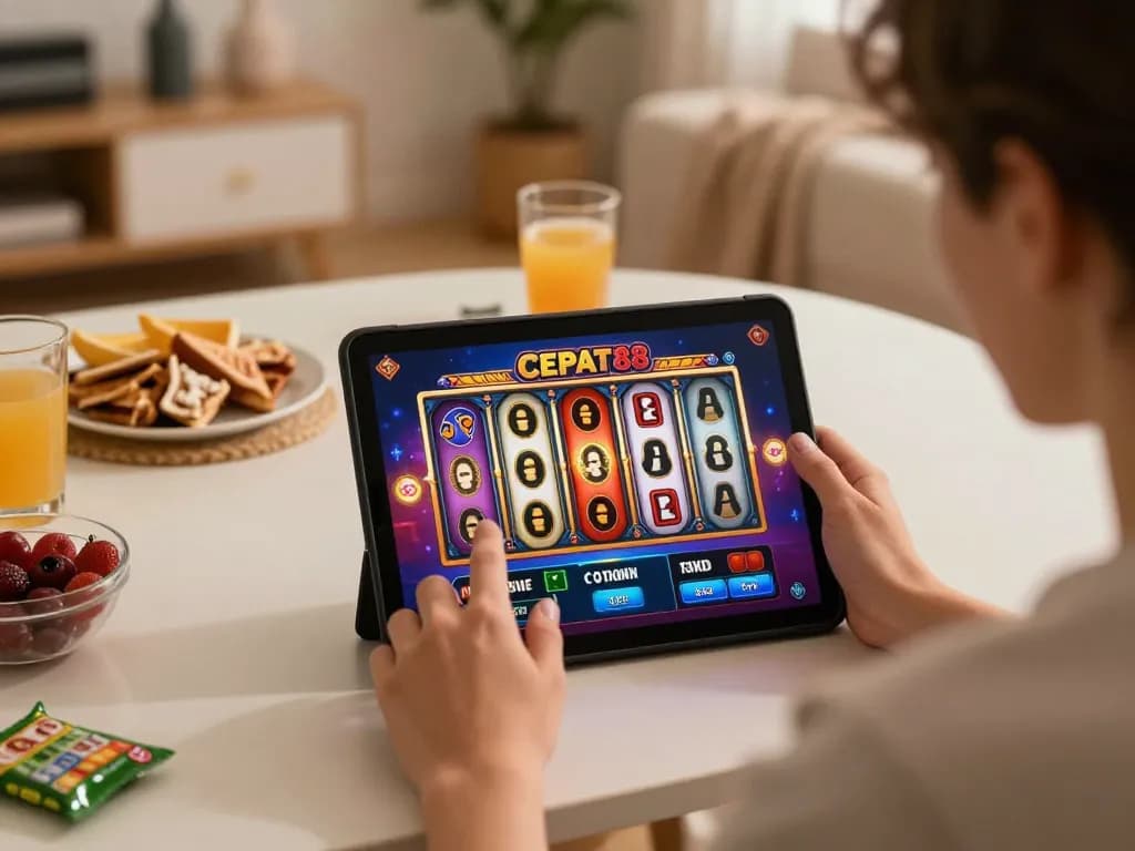 Pemain yang terlibat menikmati permainan slot CEPAT88 di tablet dengan tampilan layar yang cerah