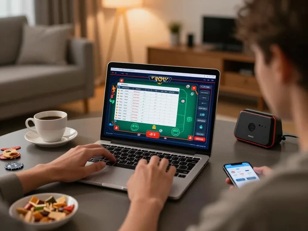 Player enjoying online poker at home with okking gaming app on laptop, creating a vibrant gaming atmosphere.