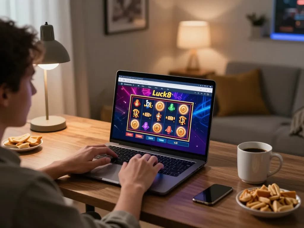 Engaged player using Luck8 for online casino gaming in a cozy home setup.