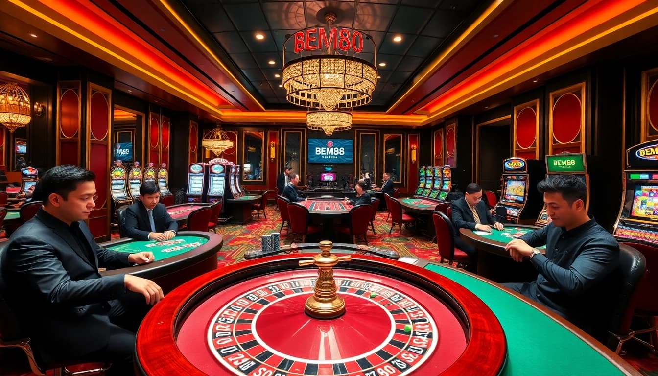 BEM88 casino scene with players enjoying poker, roulette, and slot machines in a luxurious setting