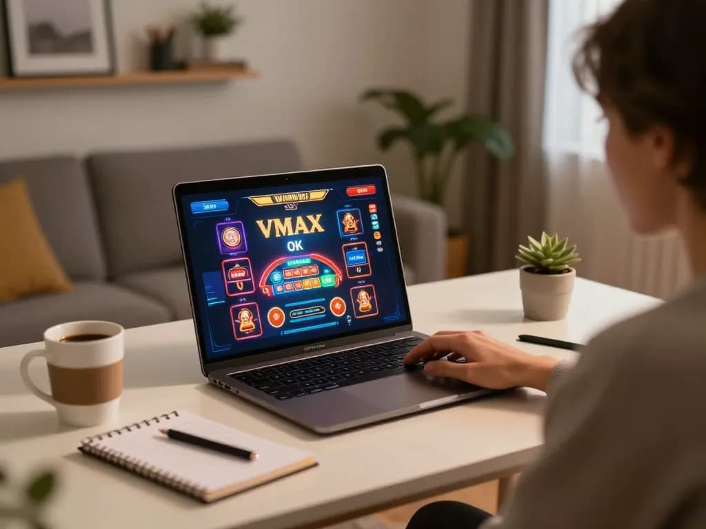 A person playing Vmax ok online casino game on a laptop at home, focusing on effective betting strategies.