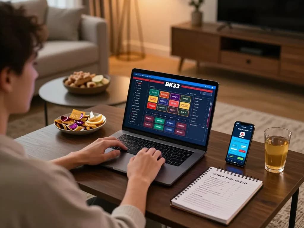 Person using BK33 online gaming interface on laptop at home, showcasing a strategic gambling atmosphere.