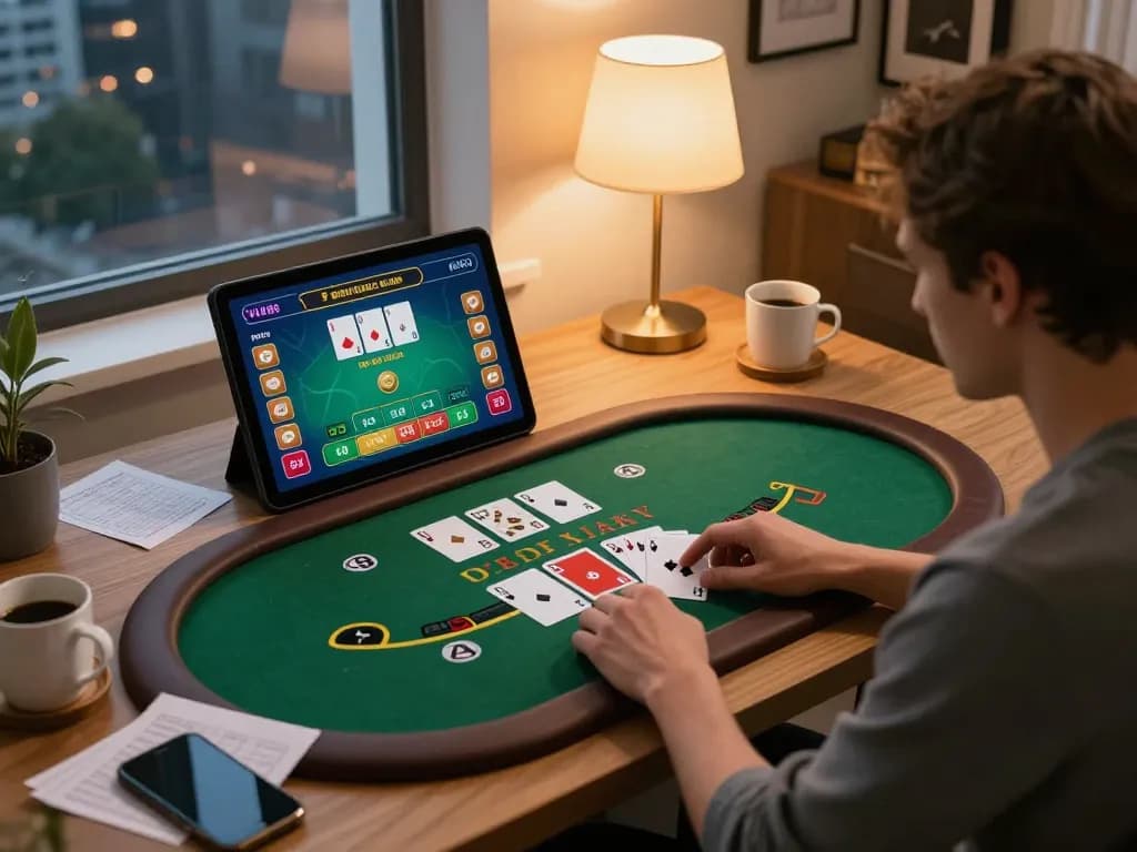 Player enjoying a live dealer game at VU88 online casino, showcasing immersive home gaming setup.
