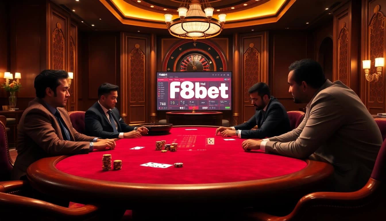Players enjoying an exciting game at an F8bet poker table in a luxurious casino setting.