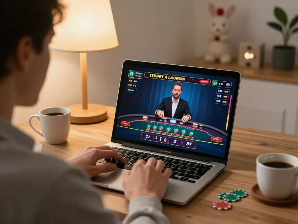 RR88 player focusing on a live dealer blackjack game at home, enjoying strategic gameplay experience