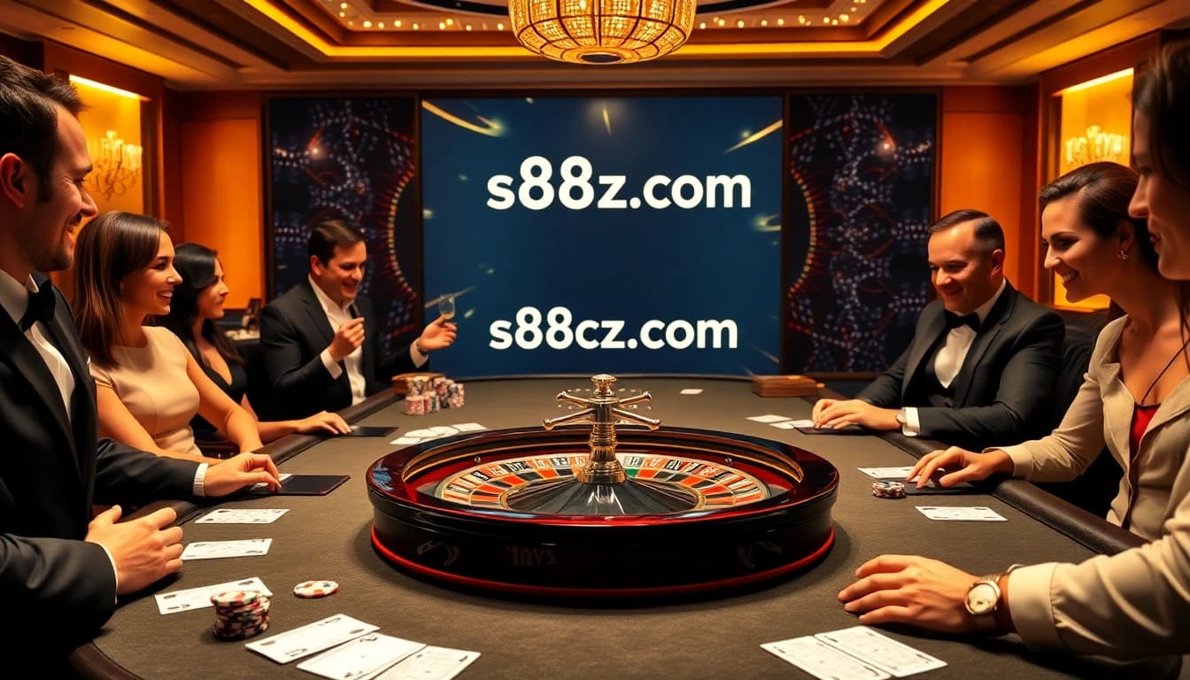 Excited gamblers engaging at a stylish casino table featuring elements from s8cz.com, illustrating a vibrant gaming atmosphere.