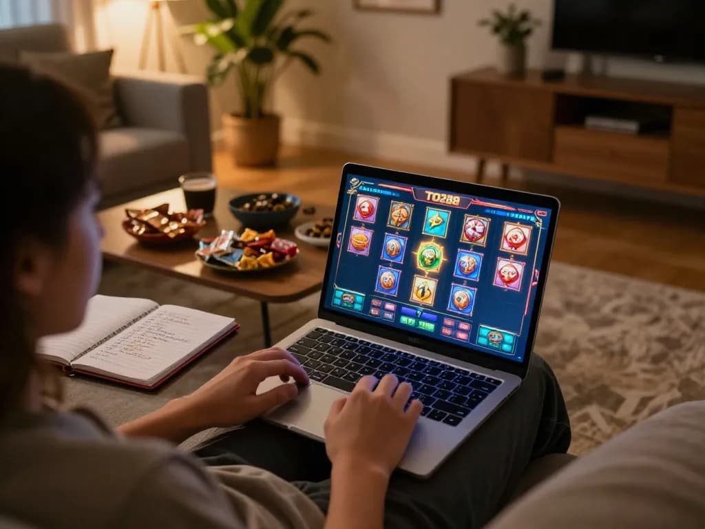 Engaging in TO288 slot gaming on a laptop, showcasing active gameplay and strategic notes.