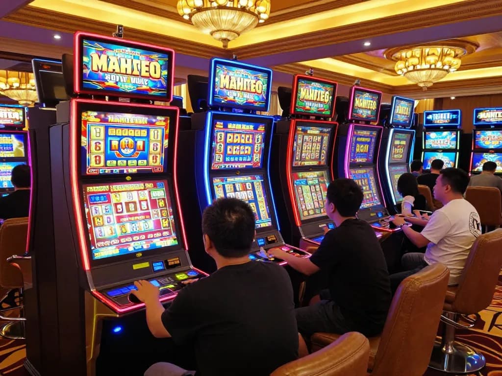 Players engaging with situs slot mahjong machines in a vibrant casino atmosphere, pressing spin buttons and celebrating wins.